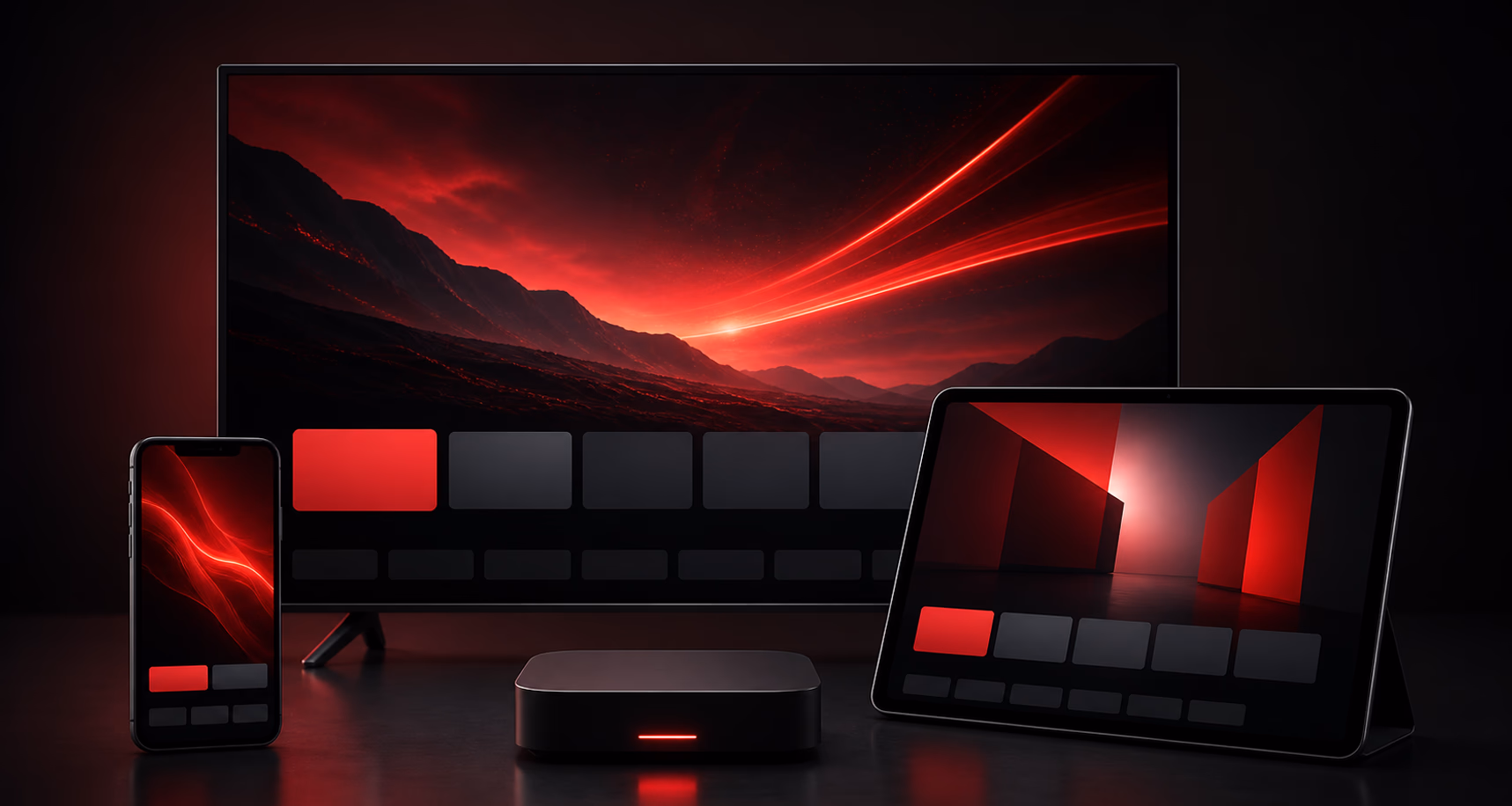 Original abstract streaming interface displayed on a television, tablet, and phone