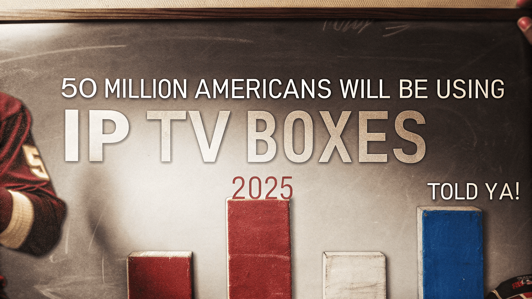 Kicking Off with an IPTV Box for USA Guy smiling with an IPTV box for USA, TV streaming in the background