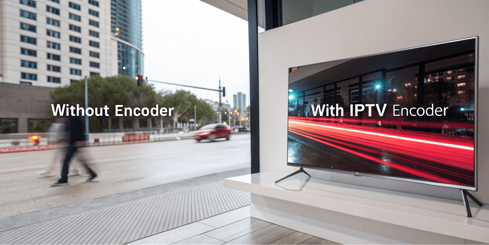 IPTV Encoder Streaming Technology Sleek IPTV encoder device with digital streams for multi-device streaming