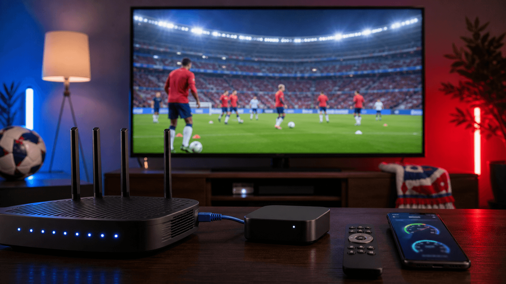 A match-day IPTV network setup with router, ethernet cable, streaming box, and soccer on TV