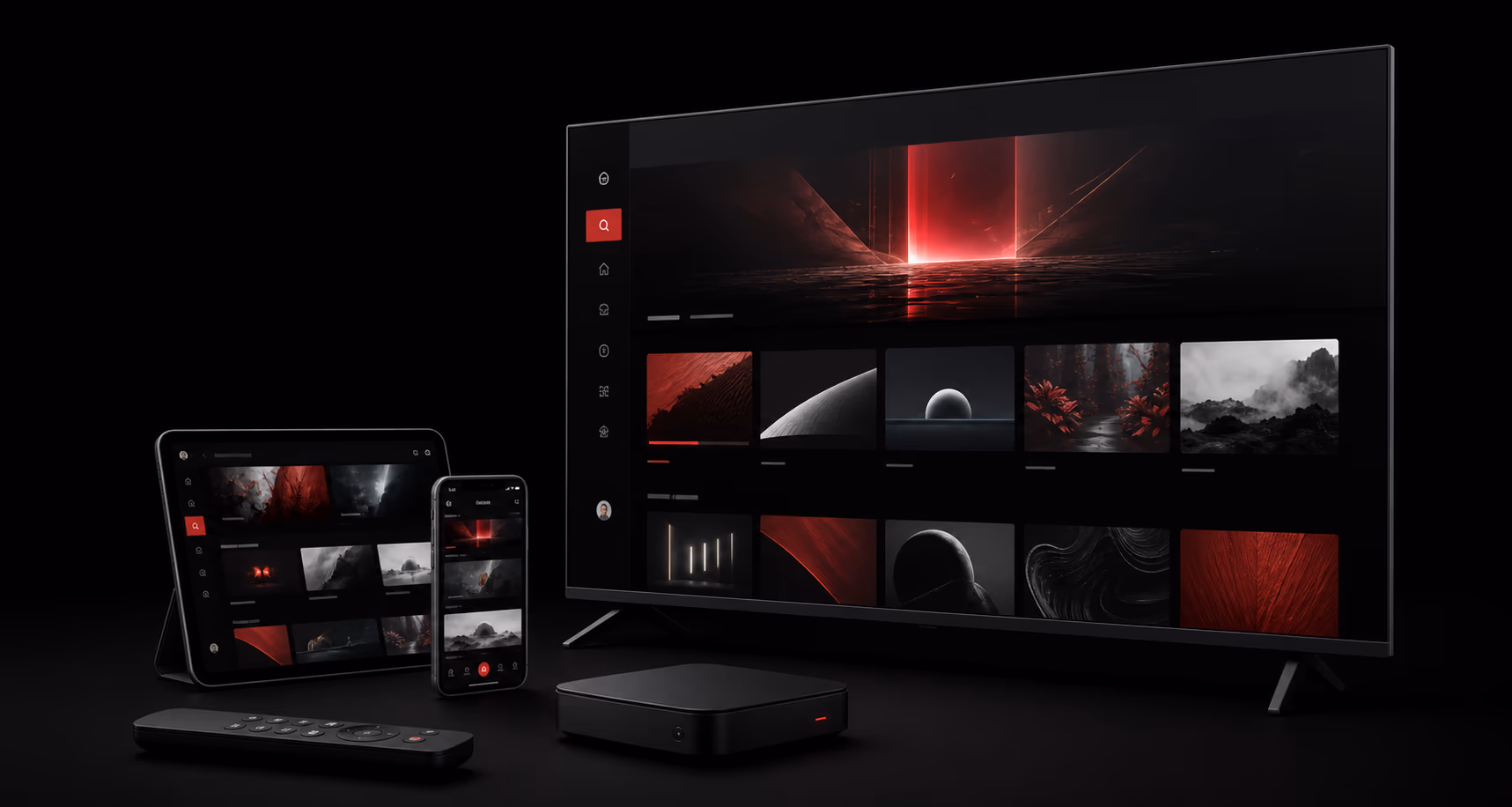Kenoa TV interface displayed on a television, tablet, and phone